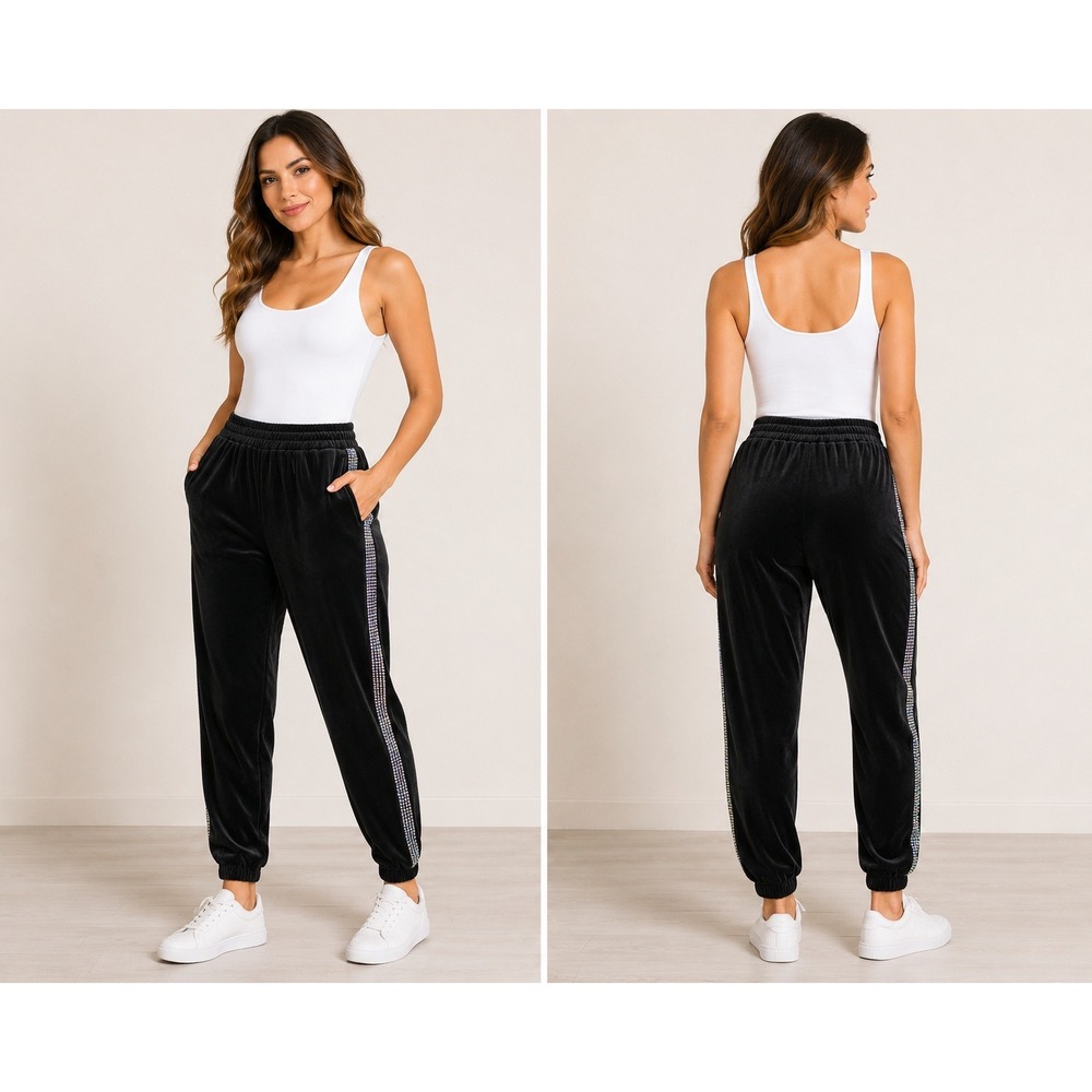 Vivre La Vie Womens Black Velvet Rhinestone Side Stripe Joggers Size L Pant